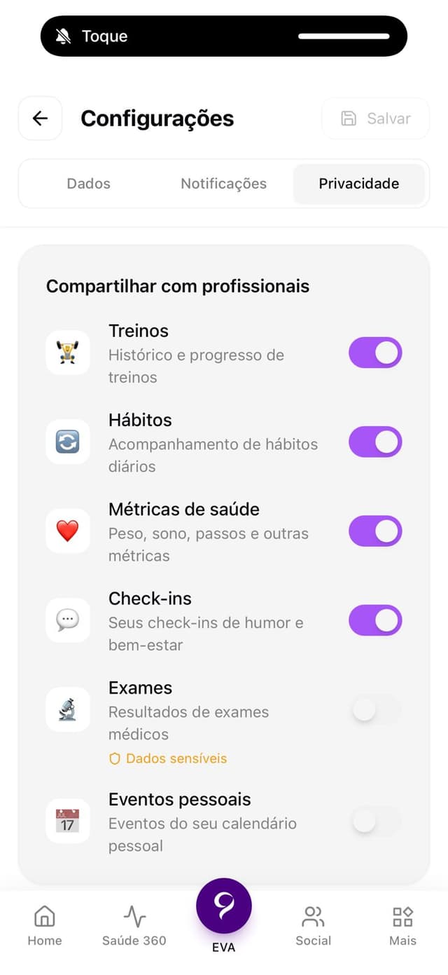 Privacidade da EVA: chaves de compartilhamento por categoria