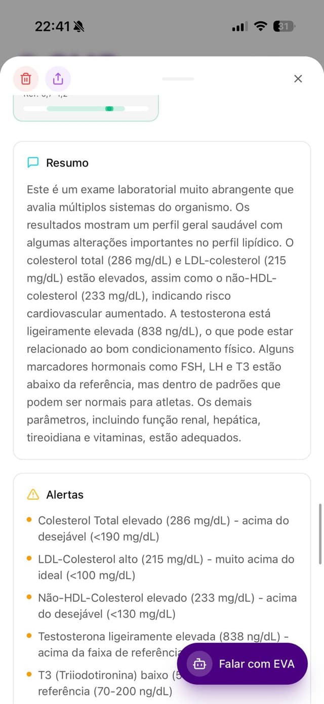 Resumo e alertas de um exame na EVA