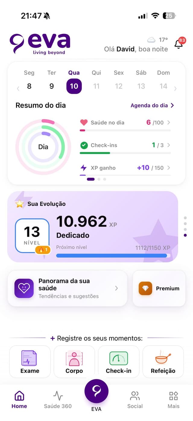 Evolução com nível e XP na EVA