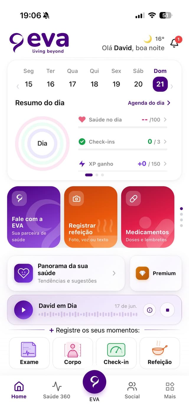 Tela inicial do app EVA com resumo do dia e ações rápidas