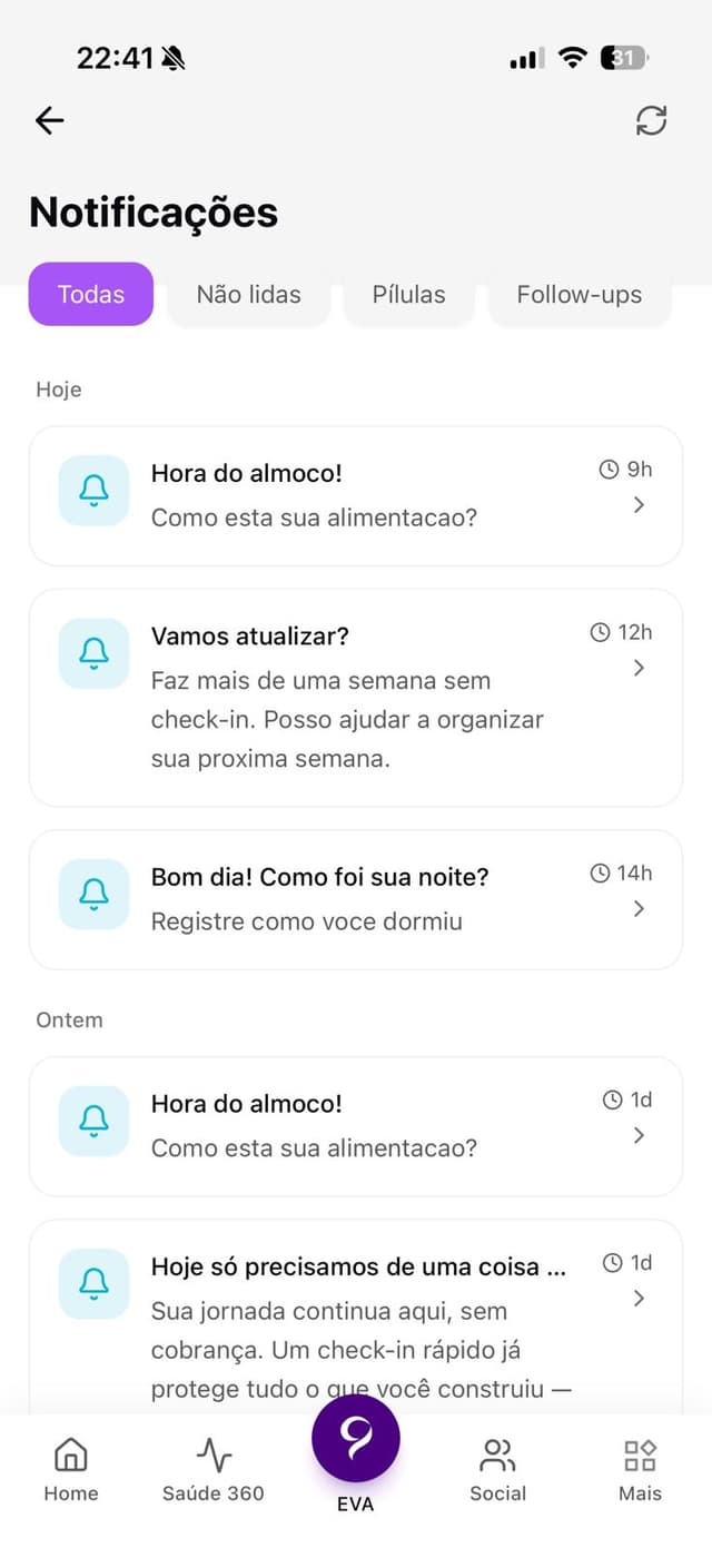 Central de notificações e lembretes da EVA