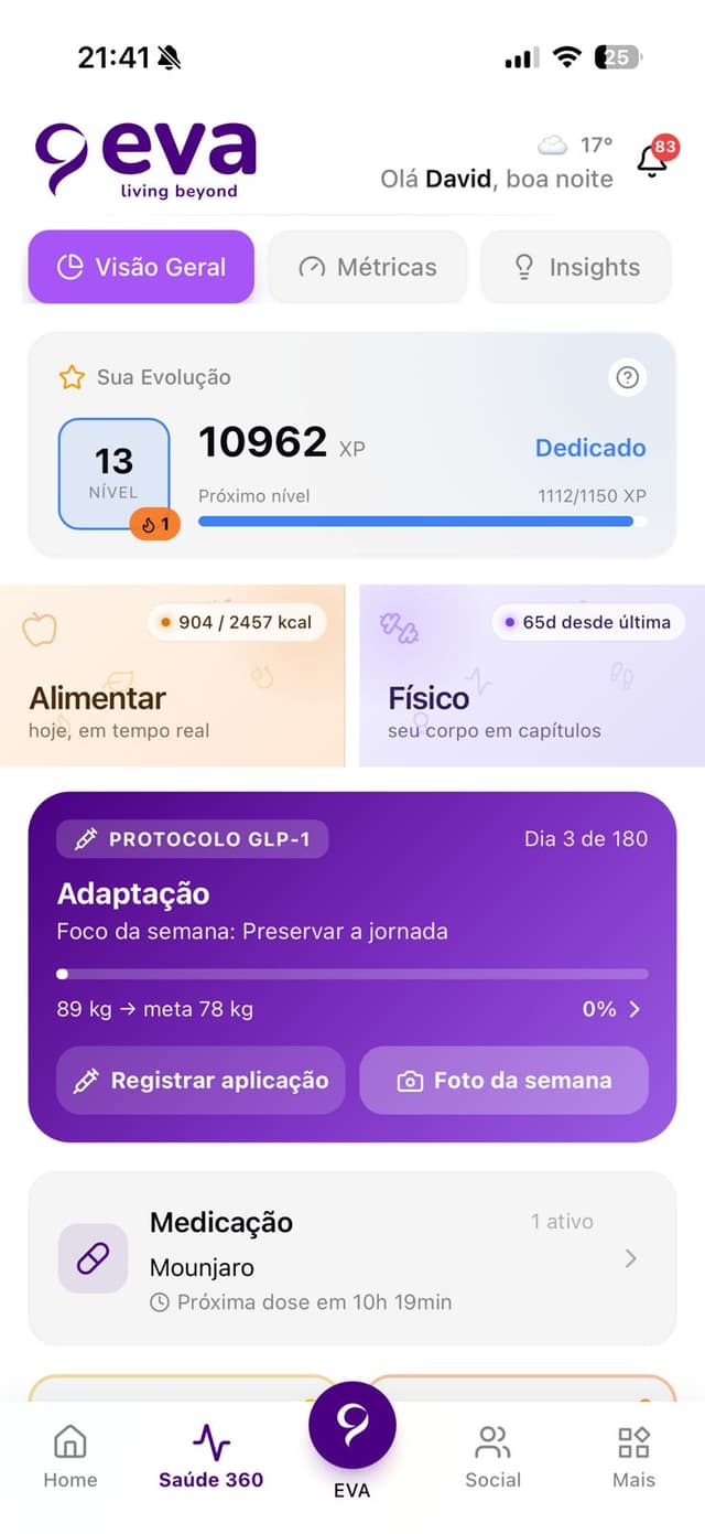 Protocolo GLP-1 ativo no app EVA, com fase da semana e acompanhamento