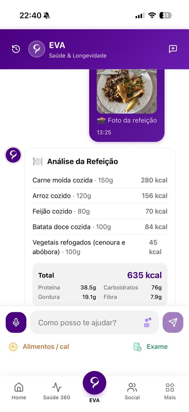 Análise de refeição por foto na EVA, com calorias e macros
